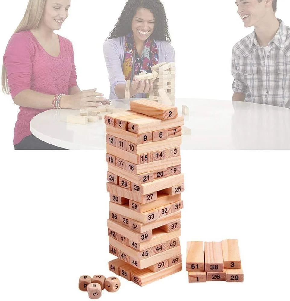 اسباب بازی های ویس: یک ست بلوک های ساختمانی برج چوبی دیجیتال کودک، دومینو 54 تکه و 4 عدد تاس، بازی آموزشی استخراج کننده