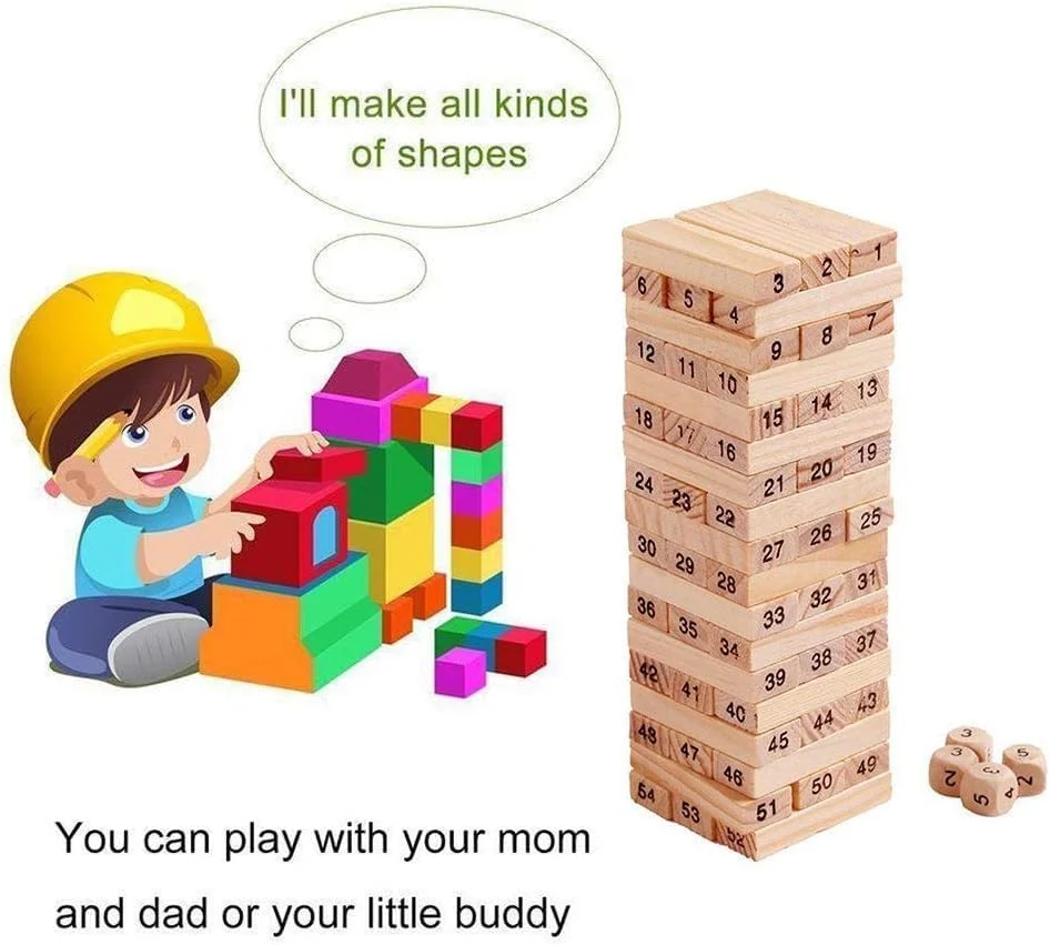 اسباب بازی های ویس: یک ست بلوک های ساختمانی برج چوبی دیجیتال کودک، دومینو 54 تکه و 4 عدد تاس، بازی آموزشی استخراج کننده