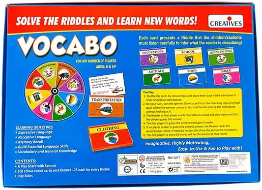 Vocabo خلاقانه | بازی چرخشی، کارتی و تخته ای | بازی سرگرم کننده و آموزشی برای کودکان | بازی تخته ای برای خانواده ها و کودکان | بازی آموزشی برای کودکان | 6 سال به بالا