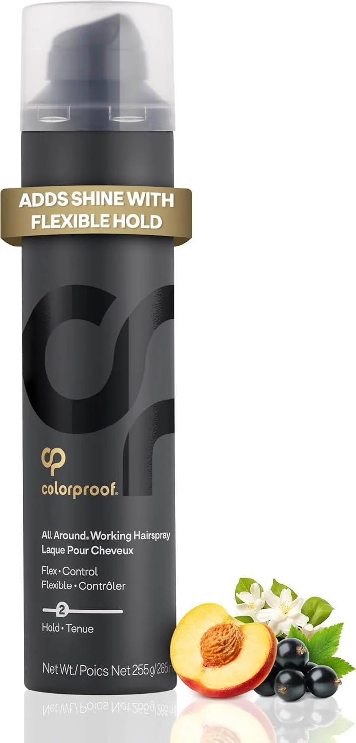 اسپری مو ColorProof مدل All Around Working حجم 9 اونس مایع. اسپری مو با نگهداری انعطاف پذیر با رایحه انگور سیاه، یاس و هلو، بدون سولفات