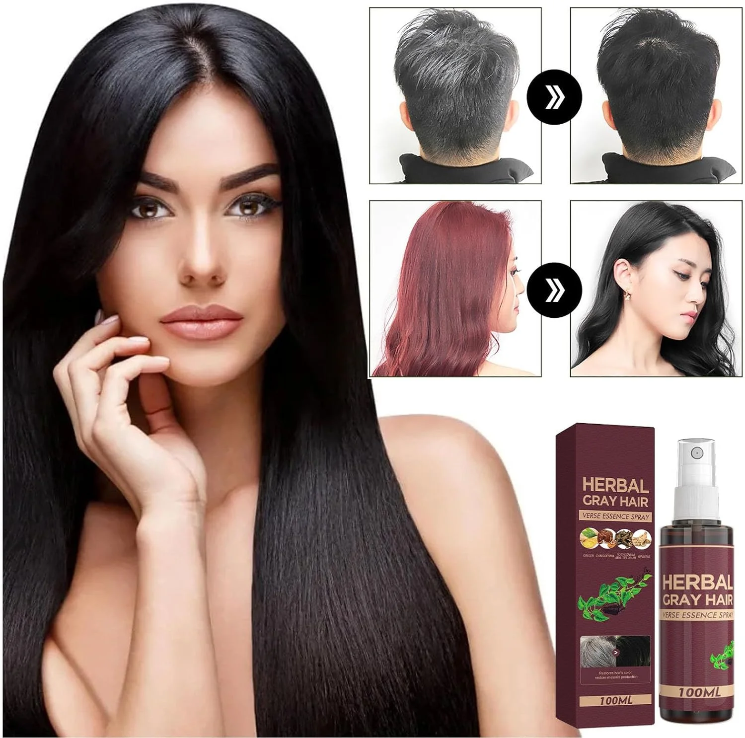 اسپری گیاهی مو برای پوشش موهای سفید، نرم کننده عصاره گیاهی Polygonum Multiflorum، نرم کننده تیره کننده، برای احیای رنگ طبیعی و بازگشت رنگ مو (1 عدد)