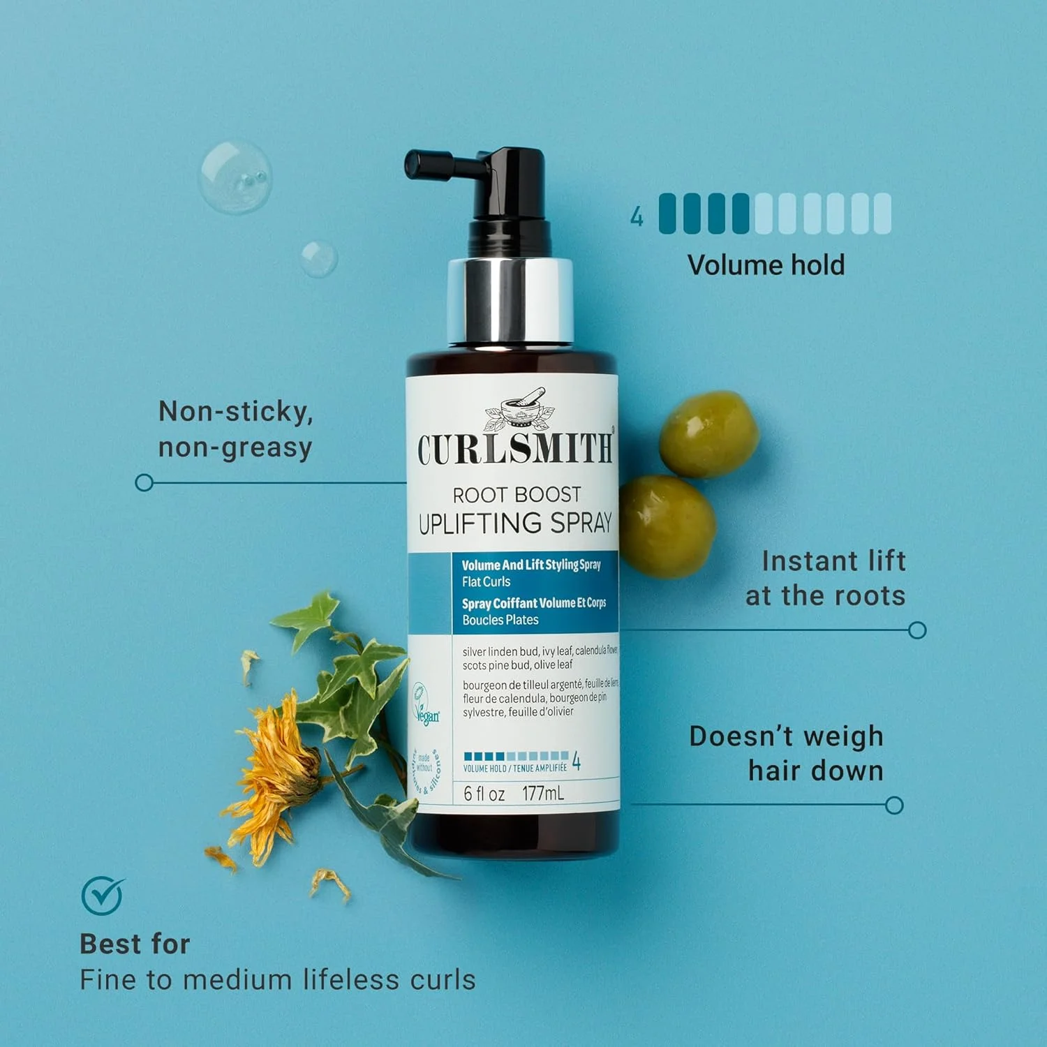 اسپری حجم دهنده ریشه مو CURLSMITH - اسپری حالت دهنده حجم دهنده، با قدرت نگهدارندگی متوسط، برای موهای موج دار، فر یا سیم تلفنی، وگان (177 میلی لیتر)