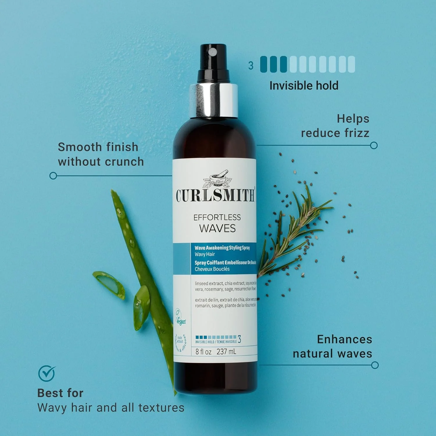 اسپری حالت دهنده موهای موج دار CURLSMITH - سبک و مرطوب کننده، کاهش وز، ظاهر طبیعی، مناسب برای موهای موج دار و فر، وگان (237 میلی لیتر)