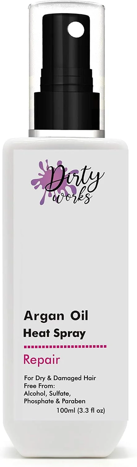اسپری محافظ حرارت مو حاوی روغن آرگان Dirty Works غنی شده با ویتامین E | اسپری حالت دهنده مو | برای موهای خشک و آسیب دیده | 100 میلی لیتر اسپری محافظ حرارت مو حاوی روغن آرگان Dirty Works غنی شده با ویتامین E | اسپری حالت دهنده مو | برای موهای خشک و آسیب دیده | 100 میلی لیتر