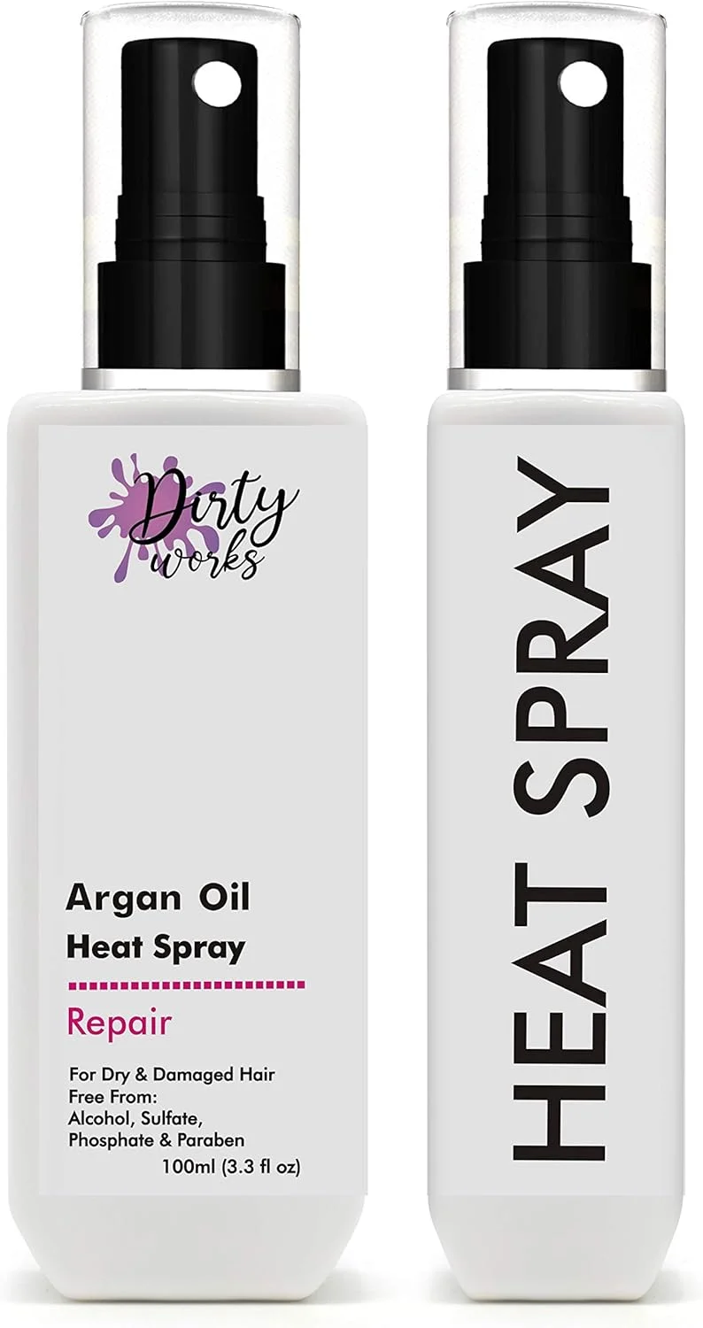 اسپری محافظ حرارت مو حاوی روغن آرگان Dirty Works غنی شده با ویتامین E | اسپری حالت دهنده مو | برای موهای خشک و آسیب دیده | 100 میلی لیتر