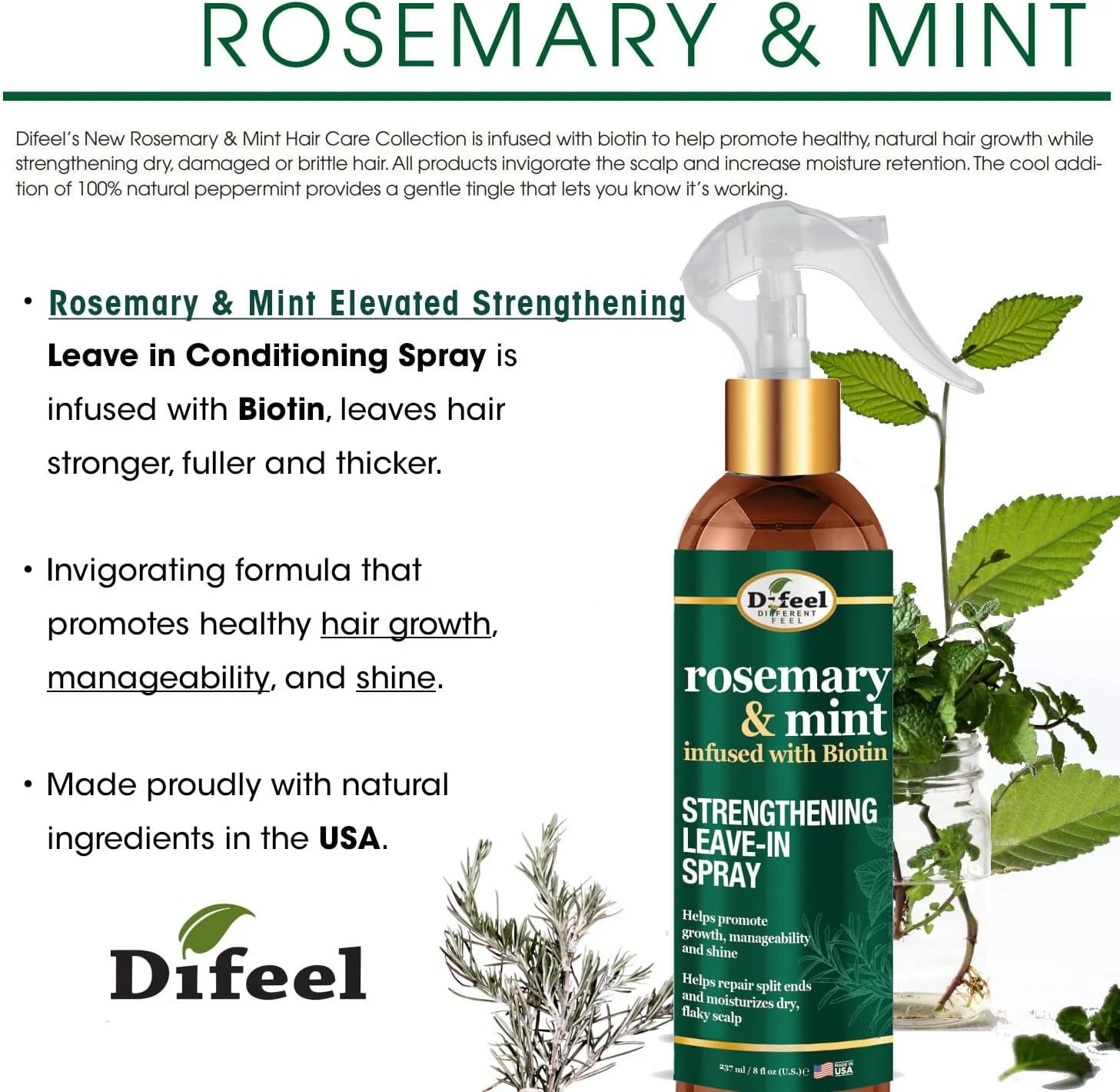 اسپری تقویت کننده مو دیفیل رزماری و نعناع حاوی بیوتین، حجم 236 میلی لیتر - ساخته شده با روغن نعناع و رزماری طبیعی برای تقویت مو، رشد مو، رفع موخوره و درخشندگی