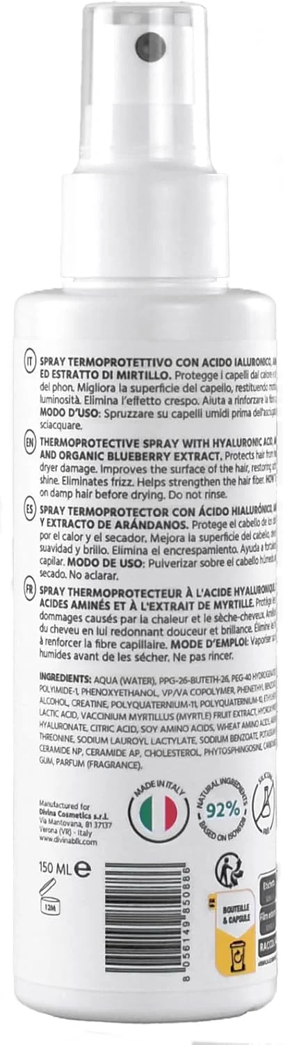 اسپری محافظ حرارتی موهای فر، مجعد و آفرو DIVINA BLK، متعادل کننده و احیا کننده (150 میلی لیتر)