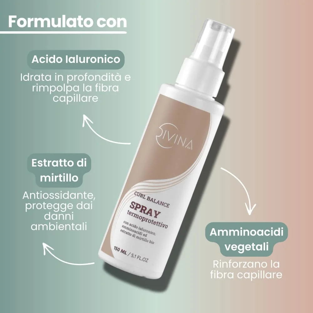 اسپری محافظ حرارتی موهای فر، مجعد و آفرو DIVINA BLK، متعادل کننده و احیا کننده (150 میلی لیتر)