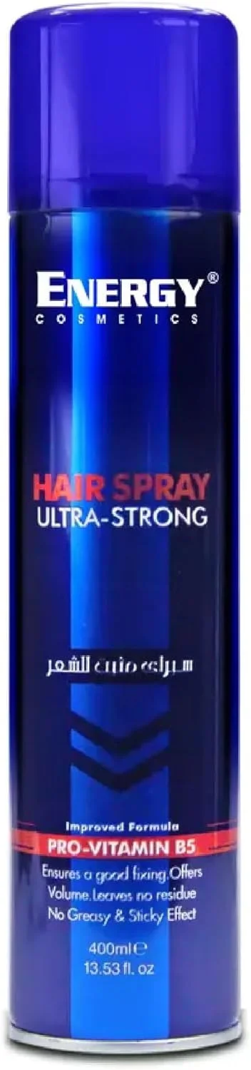 اسپری مو فوق العاده قوی انرژی کازمتیکس، حاوی پرو ویتامین B5، تثبیت عالی، حجم دهنده، بدون ایجاد اثر چربی و چسبندگی، 400 میلی لیتر