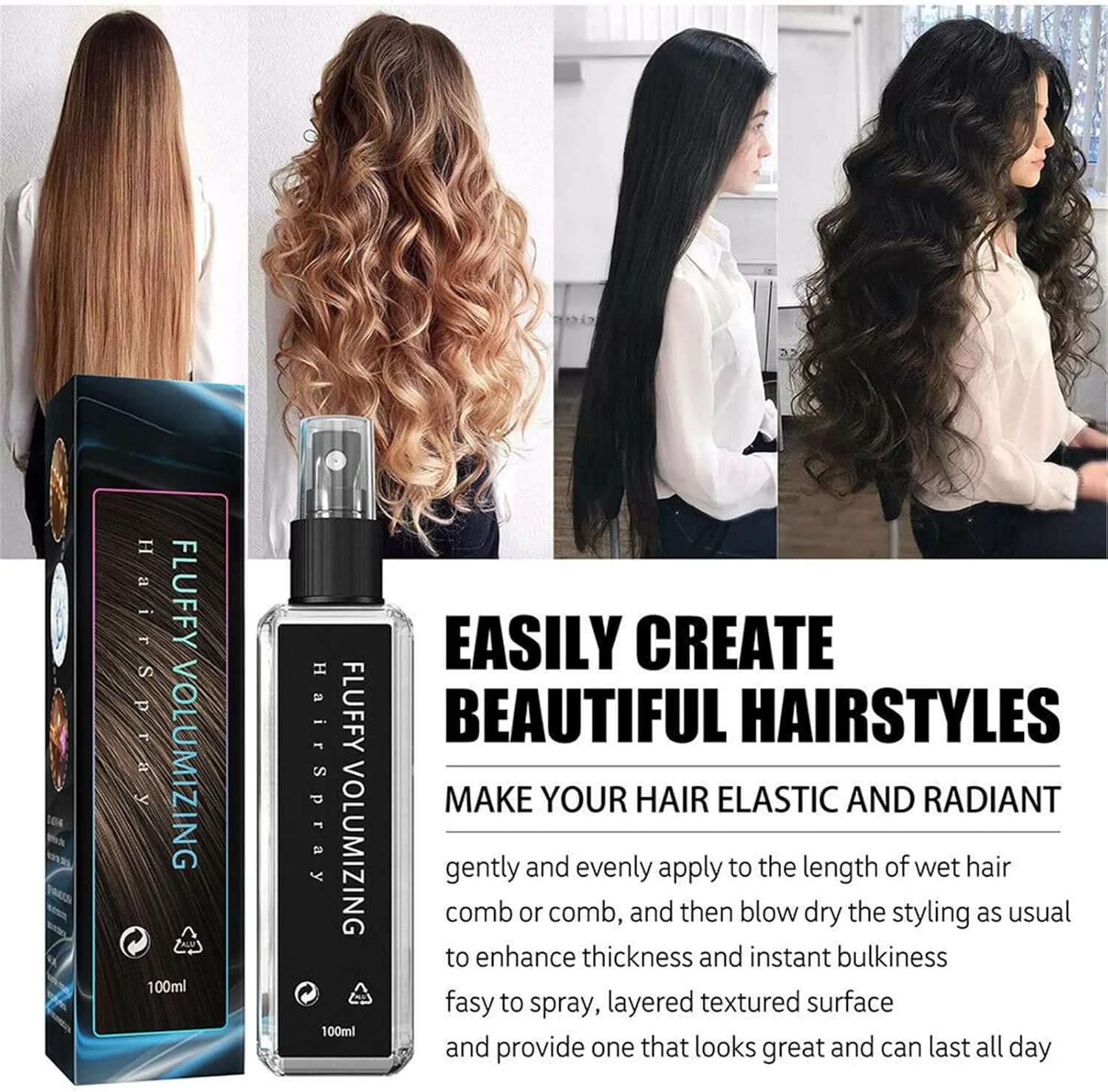 اسپری حجم دهنده مو - اسپری جادویی حجم دهنده فوق العاده ۱۰۰ میلی لیتری، ماندگاری طولانی، غیر چسبنده، حجم دهنده و لیفت کننده ریشه مو، حالت دهنده موی DIY برای انواع مو (۱ عدد)
