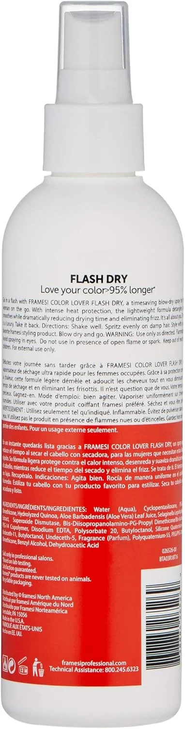 اسپری خشک کننده سریع مو Framesi Color Lover، ۲۵۰ میلی لیتر، محافظ حرارتی مو، تسریع کننده خشک کردن مو، خشک کننده سریع، مناسب موهای رنگ شده