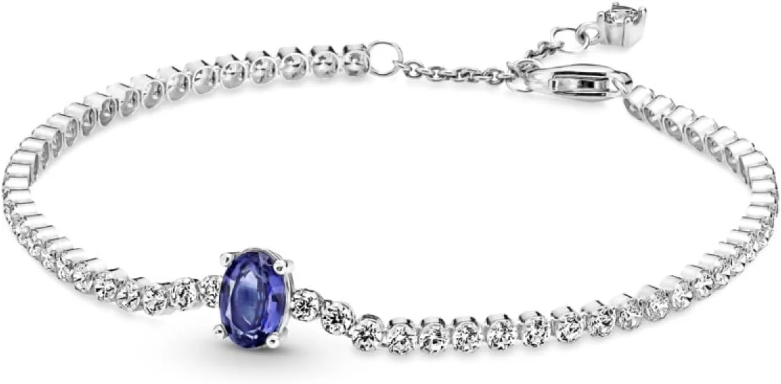 دستبند تنیس درخشان PANDORA برای زنان - نقره استرلینگ با کریستال آبی و زیرکونیا مکعبی شفاف