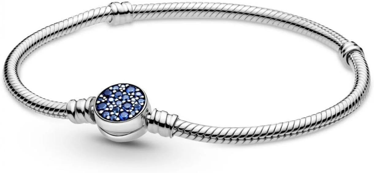 دستبند زنجیری نقره ای پاندورا با قفل دیسکی آبی درخشان