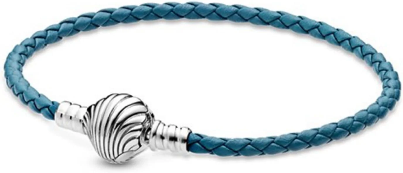 دستبند چرم بافت فیروزه ای پاندورا با قفل صدفی، چرم