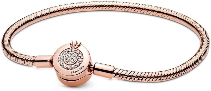 دستبند زنجیری ماری پاندورا با قفل O و نگین های زیرکونیا، روکش طلای رزگلد 14 عیار، سایز 16