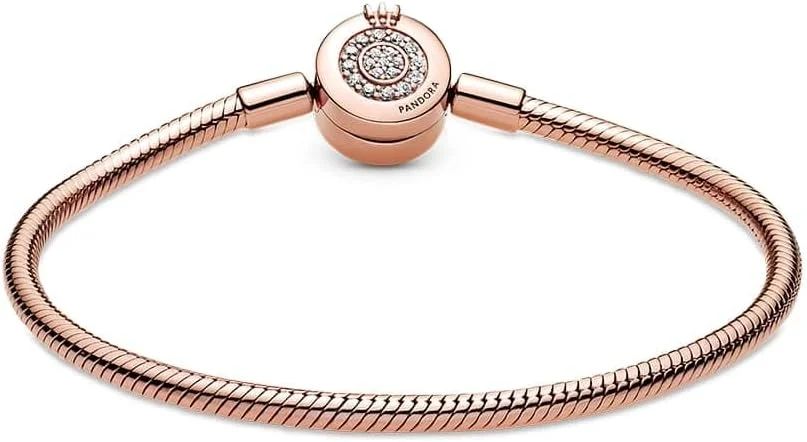 دستبند زنجیری ماری پاندورا با قفل O و نگین های زیرکونیا، روکش طلای رزگلد 14 عیار، سایز 16