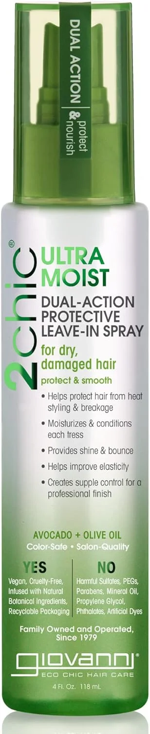 اسپری محافظتی دو فاز فوق مرطوب کننده موی سر جووانی تو چیک - محافظت از مو در برابر حرارت، حاوی روغن آووکادو و زیتون، آلوئه ورا، شی باتر، عصاره های گیاهی، بدون پارابن، محافظ رنگ مو - 118 میلی لیتر