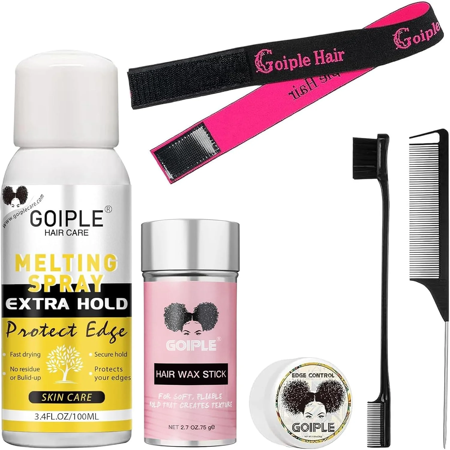 اسپری محو کننده توری Goiple برای کلاه گیس، بست ها و اکستنشن - حالت دهنده با پوشش طبیعی قوی، خشک شدن سریع، مقاوم در برابر آب و روغن، شامل چسب مو، واکس کنترل لبه و چسب مو