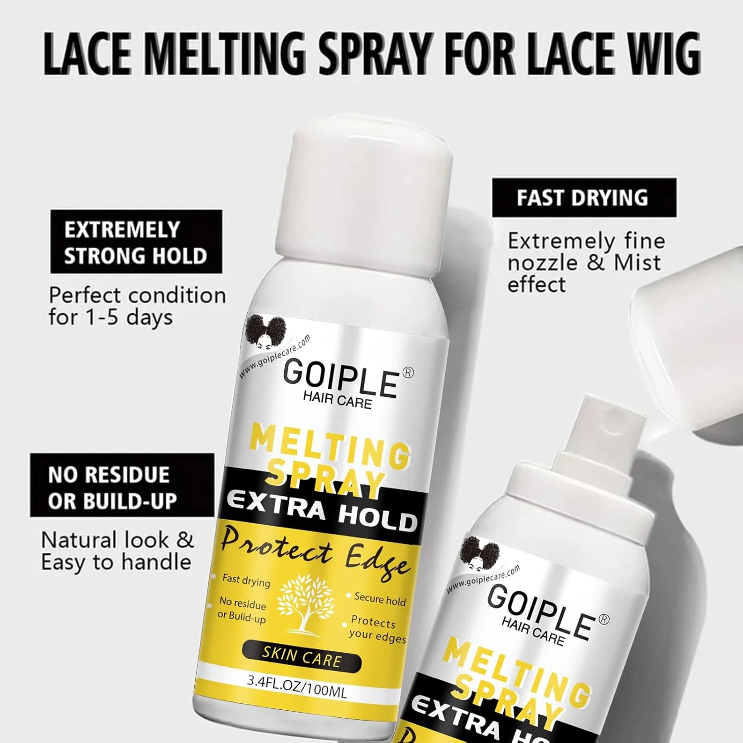اسپری محو کننده توری Goiple برای کلاه گیس، بست ها و اکستنشن - حالت دهنده با پوشش طبیعی قوی، خشک شدن سریع، مقاوم در برابر آب و روغن، شامل چسب مو، واکس کنترل لبه و چسب مو