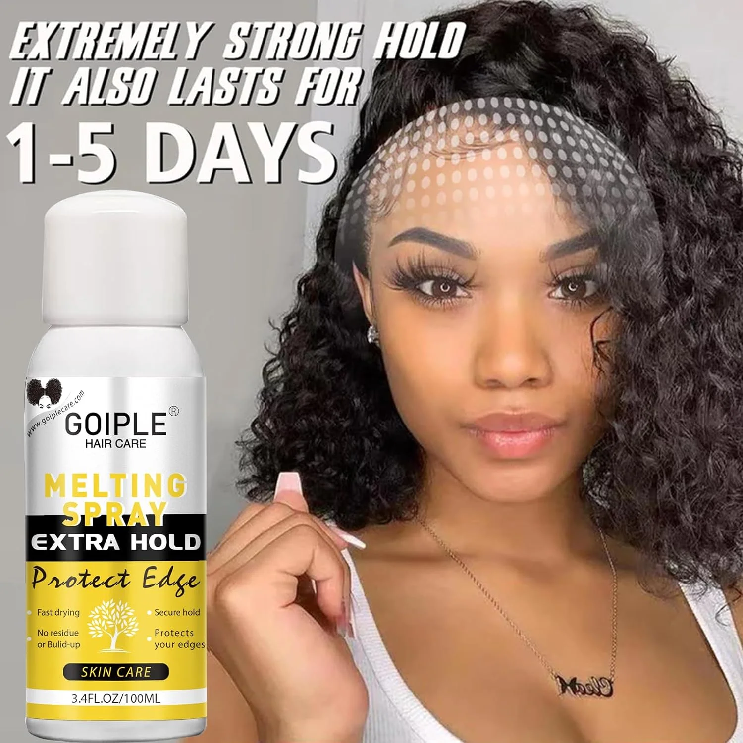 اسپری محو کننده توری Goiple برای کلاه گیس، بست ها و اکستنشن - حالت دهنده با پوشش طبیعی قوی، خشک شدن سریع، مقاوم در برابر آب و روغن، شامل چسب مو، واکس کنترل لبه و چسب مو