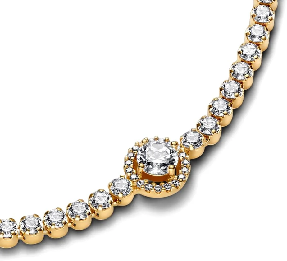 دستبند تنیس هاله درخشان پاندورا - دستبند روکش طلای 14 عیار زنانه - دارای پاندورا شاین و زیرکونیا - هدیه برای او، همراه با جعبه هدیه