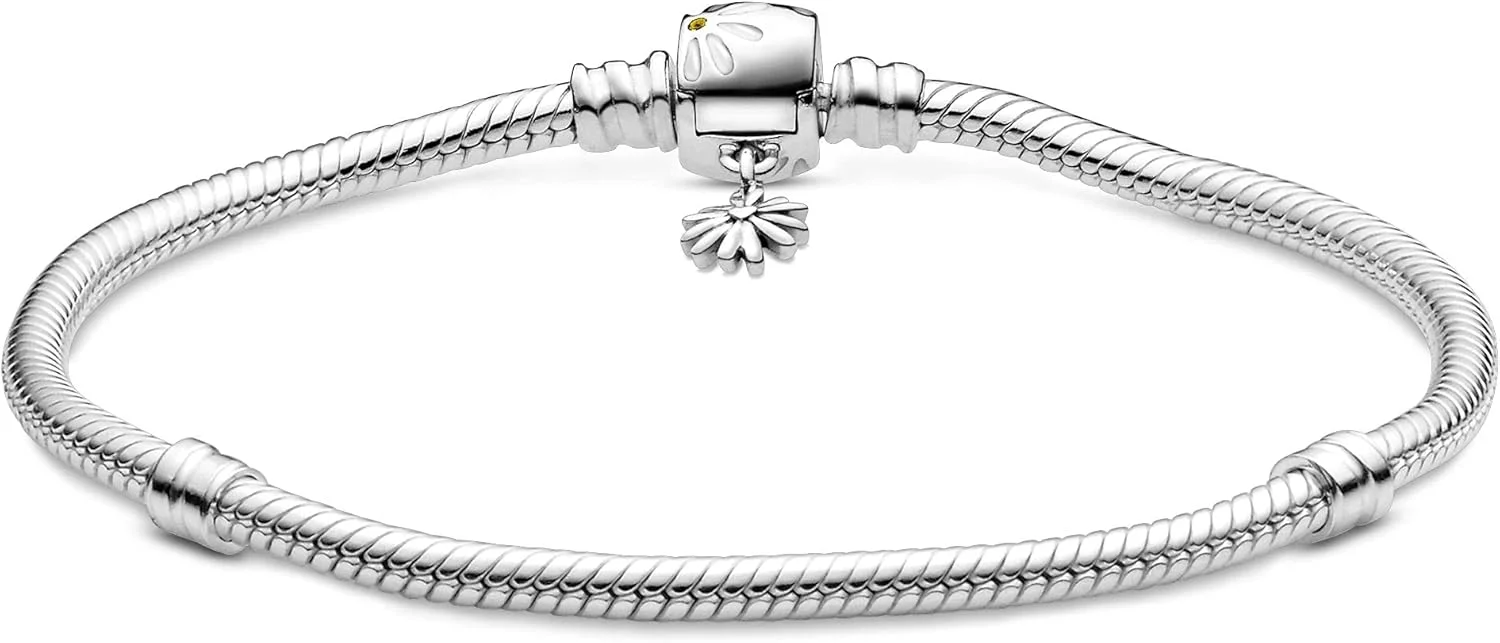 دستبند زنجیری طرح مار پاندورا، نقره استرلینگ، با قفل گل مینا، کریستال زرد و مینای سفید