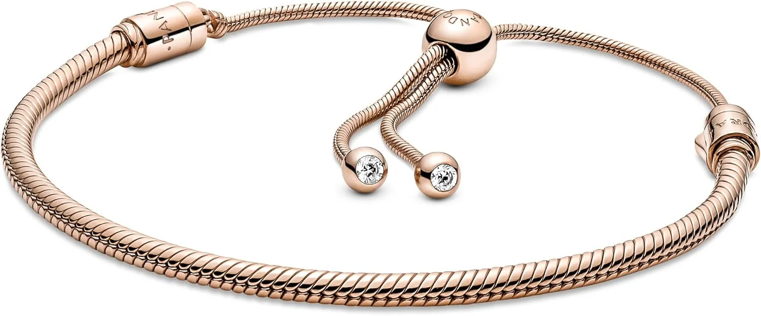 دستبند زنجیری ماری با روکش طلای رزگلد ۱۴ عیار و زیرکونیای کوبیک شفاف پاندورا مدل 589652C01، سایز M، رزگلد، زیرکونیا