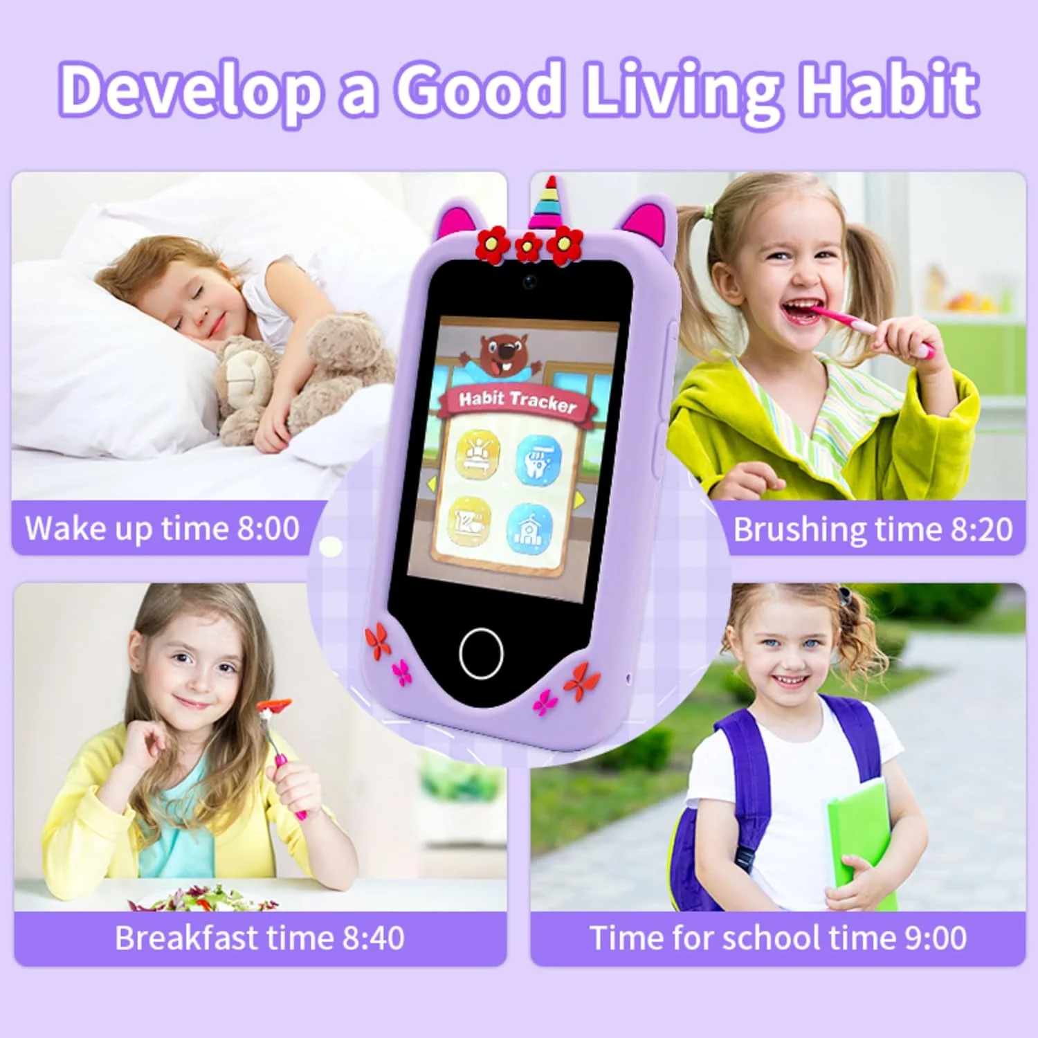 اسباب بازی موبایل هوشمند کودکانه - دوربین یادگیری لمسی برای کودکان نوپا با دوربین دوگانه، پخش کننده MP3، بازی های آموزشی - اسباب بازی های طرح یونیکورن برای دختران و پسران 1-8 ساله (صورتی)