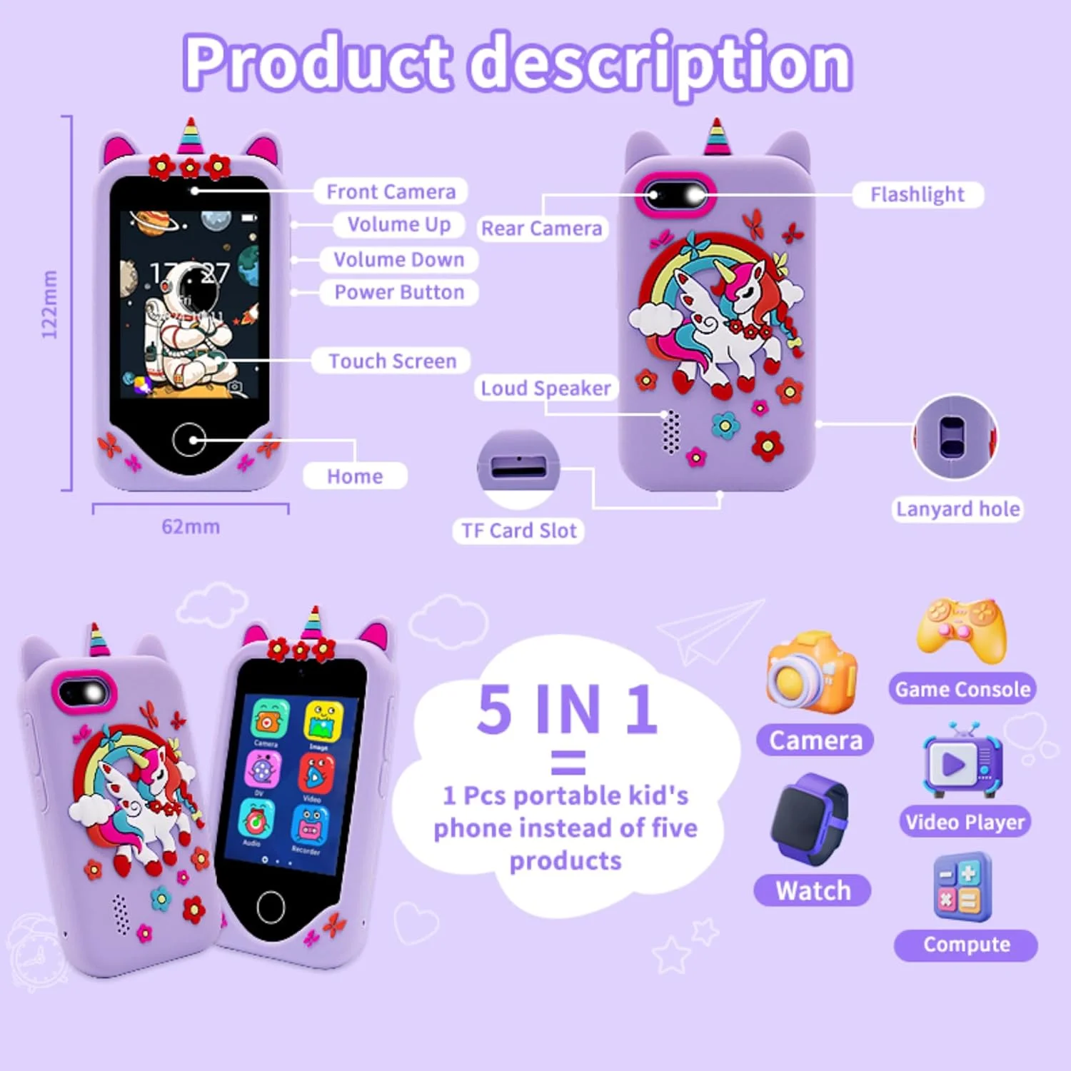 اسباب بازی موبایل هوشمند کودکانه - دوربین یادگیری لمسی برای کودکان نوپا با دوربین دوگانه، پخش کننده MP3، بازی های آموزشی - اسباب بازی های طرح یونیکورن برای دختران و پسران 1-8 ساله (صورتی)