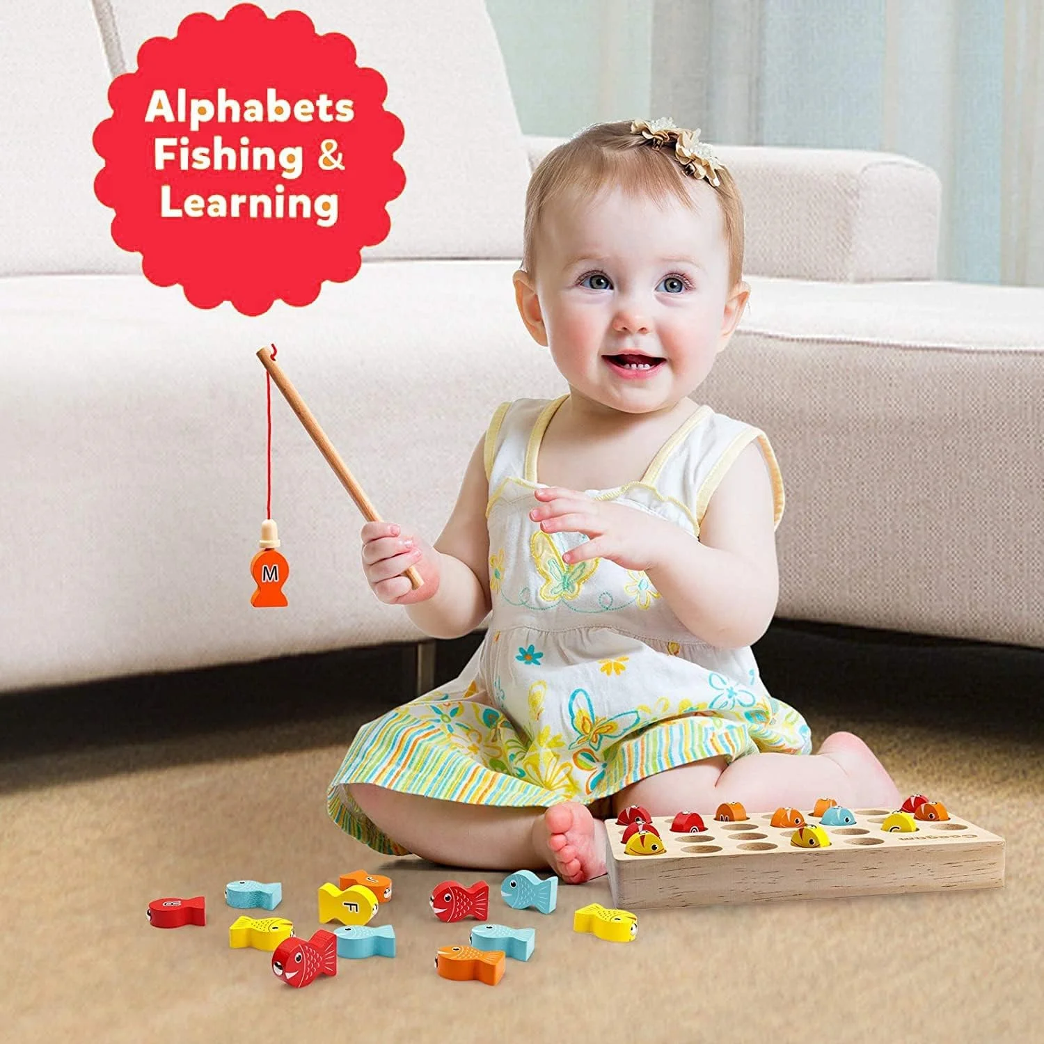 بازی ماهیگیری مغناطیسی چوبی Baybee برای کودکان | اسباب بازی برای کودکان | بازی گرفتن ماهی با 26 ماهی و 2 میله | پازل چوبی مرتب سازی رنگ حروف الفبا | اسباب بازی های آموزشی یادگیری اولیه برای پسران و دختران 3+ سال