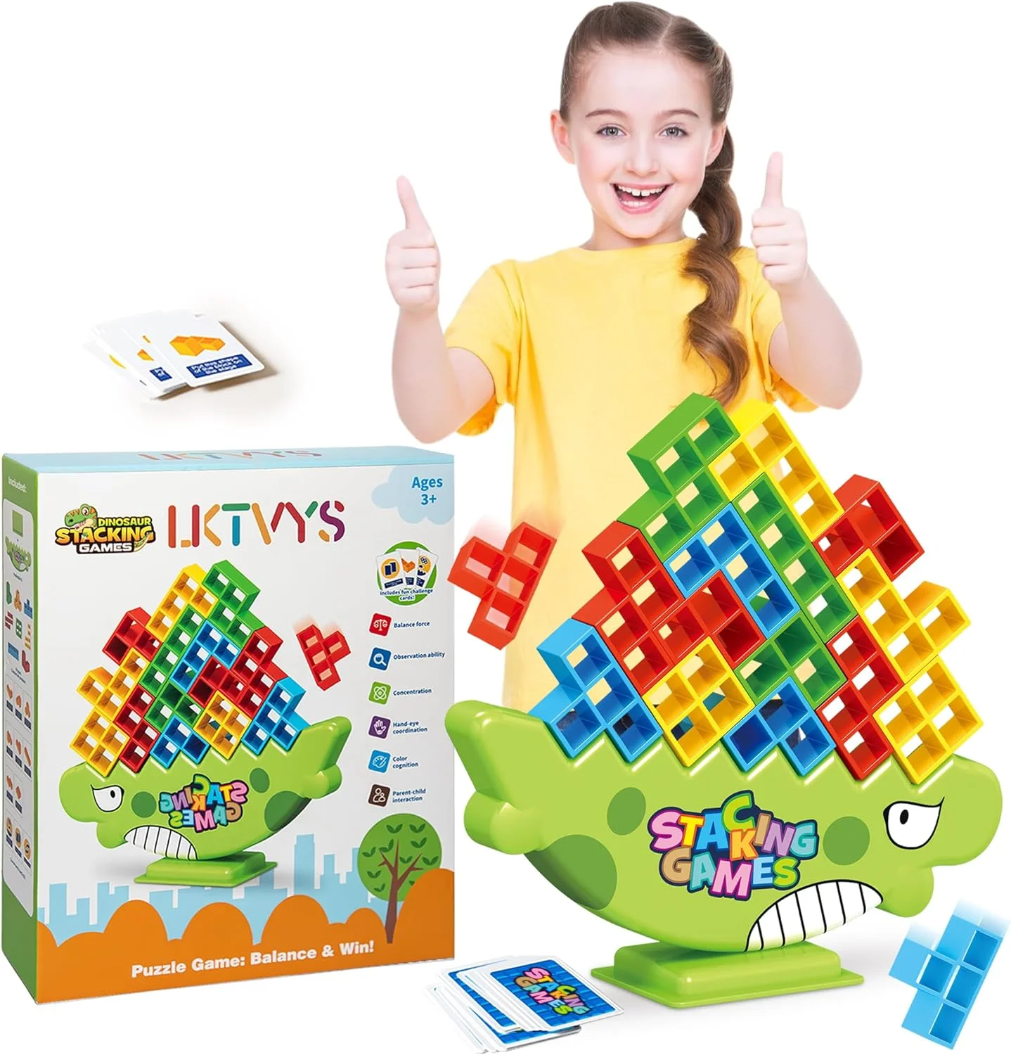 اسباب بازی کودکان Lktvys، بازی برج تعادل، 64 قطعه بازی چیدن، بازی های تخته ای جذاب و سرگرم کننده برای کودکان 3-8 ساله و بزرگسالان، اسباب بازی دایناسور، عالی برای ایجاد صبر و تمرکز