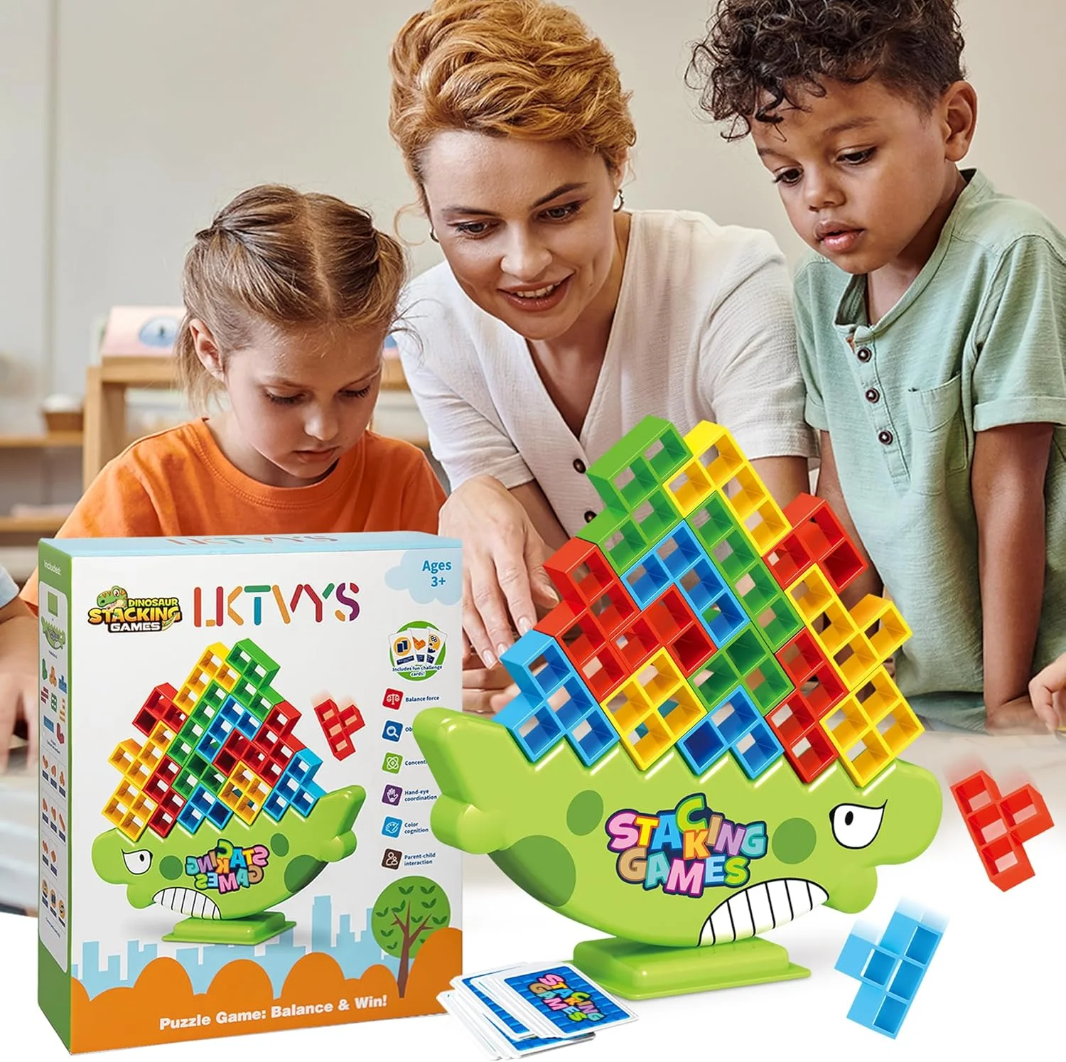 اسباب بازی کودکان Lktvys، بازی برج تعادل، 64 قطعه بازی چیدن، بازی های تخته ای جذاب و سرگرم کننده برای کودکان 3-8 ساله و بزرگسالان، اسباب بازی دایناسور، عالی برای ایجاد صبر و تمرکز