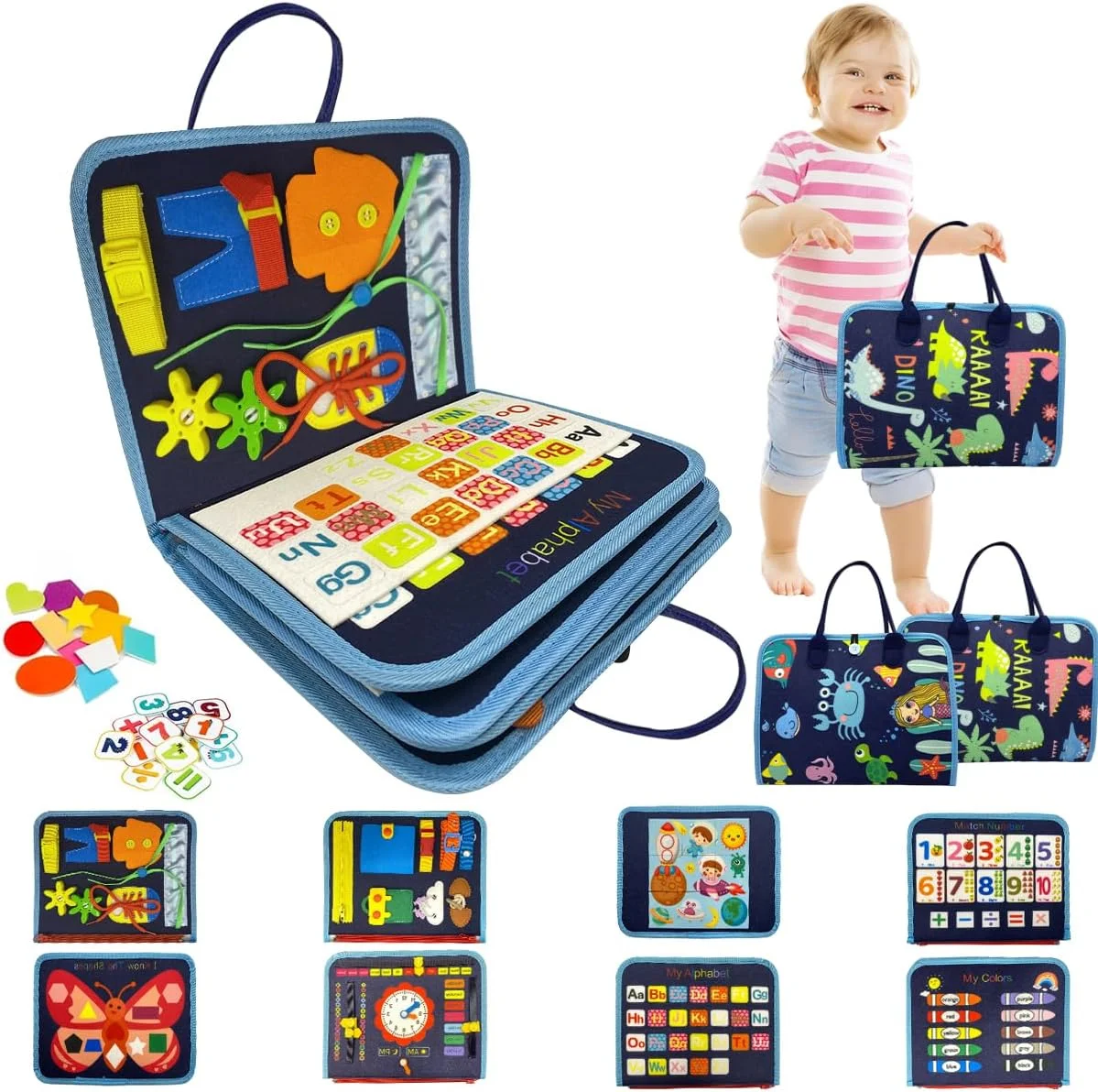 تخته مشغولیت کودک نوپا، اسباب بازی مونته سوری 8 در 1، کتاب مشغولیت کودک، تخته حسی در حال توسعه پیش دبستانی، فعالیت یادگیری آموزشی کودک برای شکل اساسی رنگ بازی ضروری سفر با هواپیما هدیه سنین 1-4