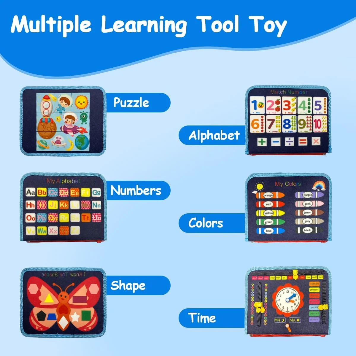 تخته مشغولیت کودک نوپا، اسباب بازی مونته سوری 8 در 1، کتاب مشغولیت کودک، تخته حسی در حال توسعه پیش دبستانی، فعالیت یادگیری آموزشی کودک برای شکل اساسی رنگ بازی ضروری سفر با هواپیما هدیه سنین 1-4