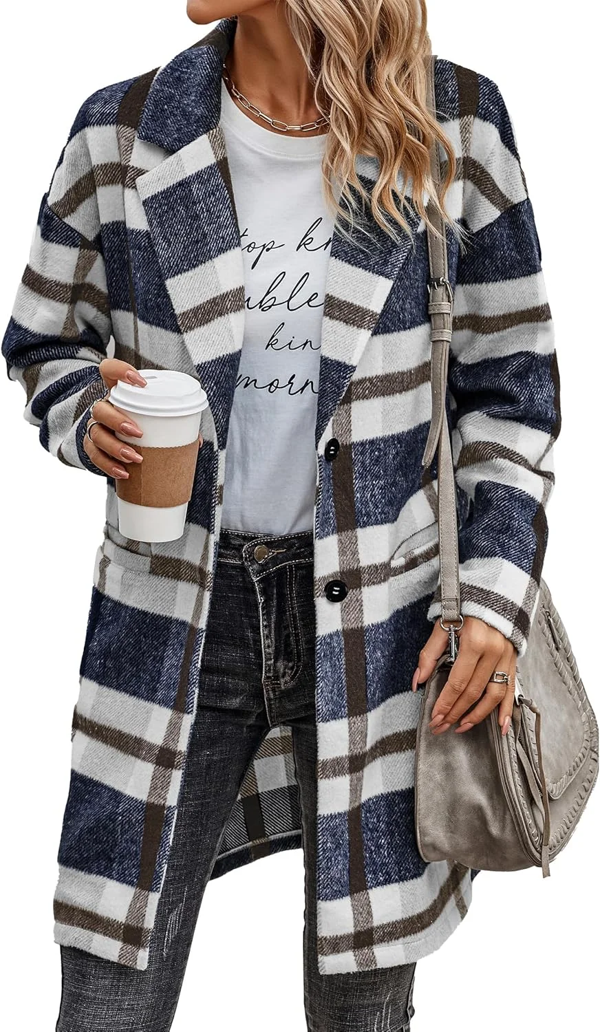 پالتو چهارخانه زنانه مدل 2024 دکمه دار پشمی گرم ترنچ با جیب