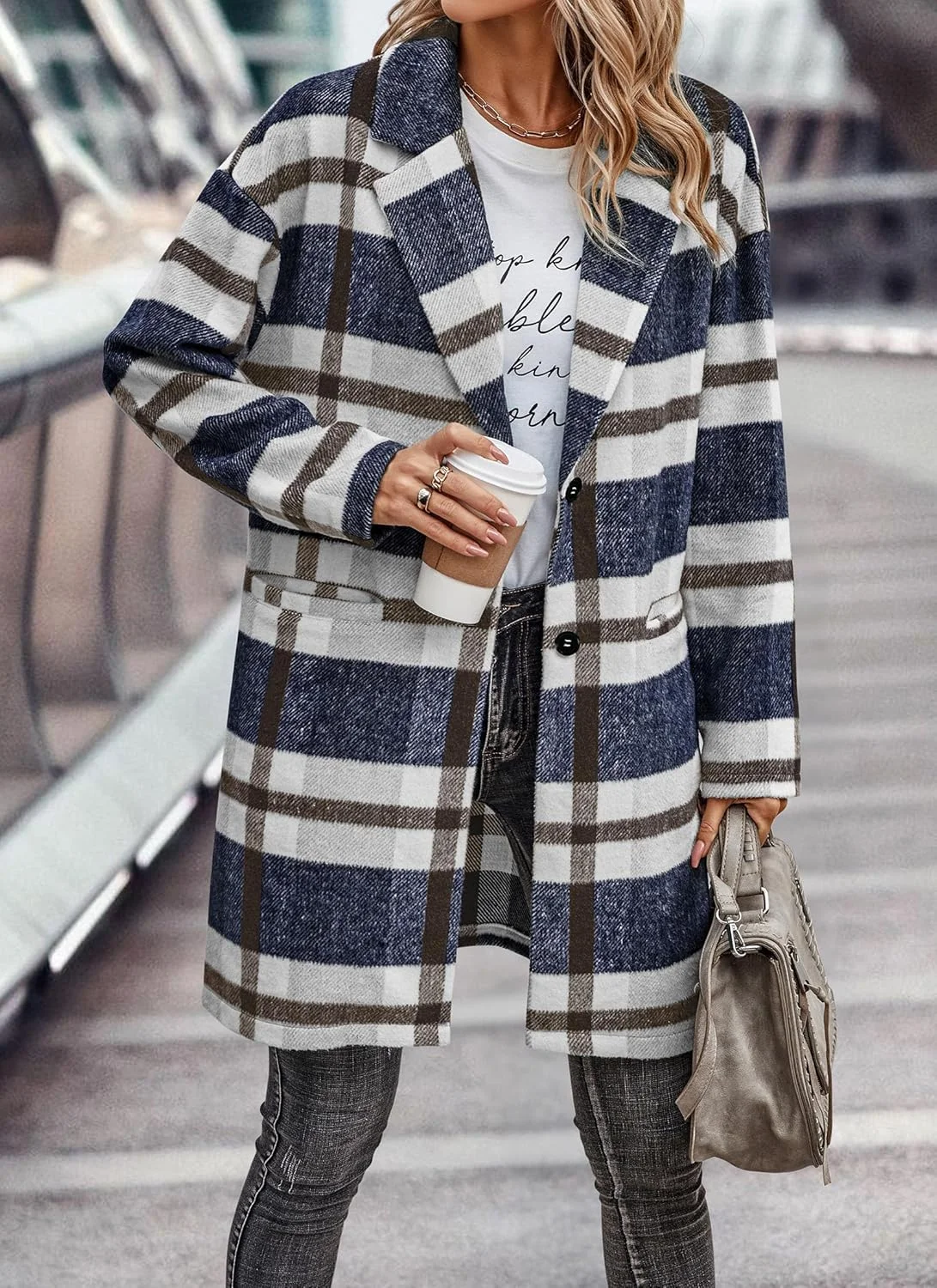 پالتو چهارخانه زنانه مدل 2024 دکمه دار پشمی گرم ترنچ با جیب پالتو چهارخانه زنانه مدل 2024 دکمه دار پشمی گرم ترنچ با جیب