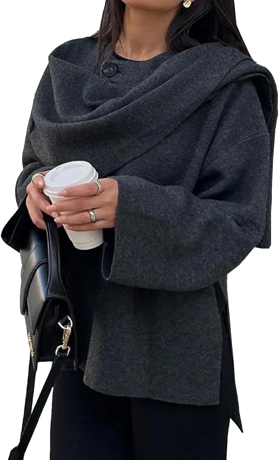 کت پشمی زنانه با شال بزرگ، آستین بلند، دکمه دار، مناسب پاییز و زمستان