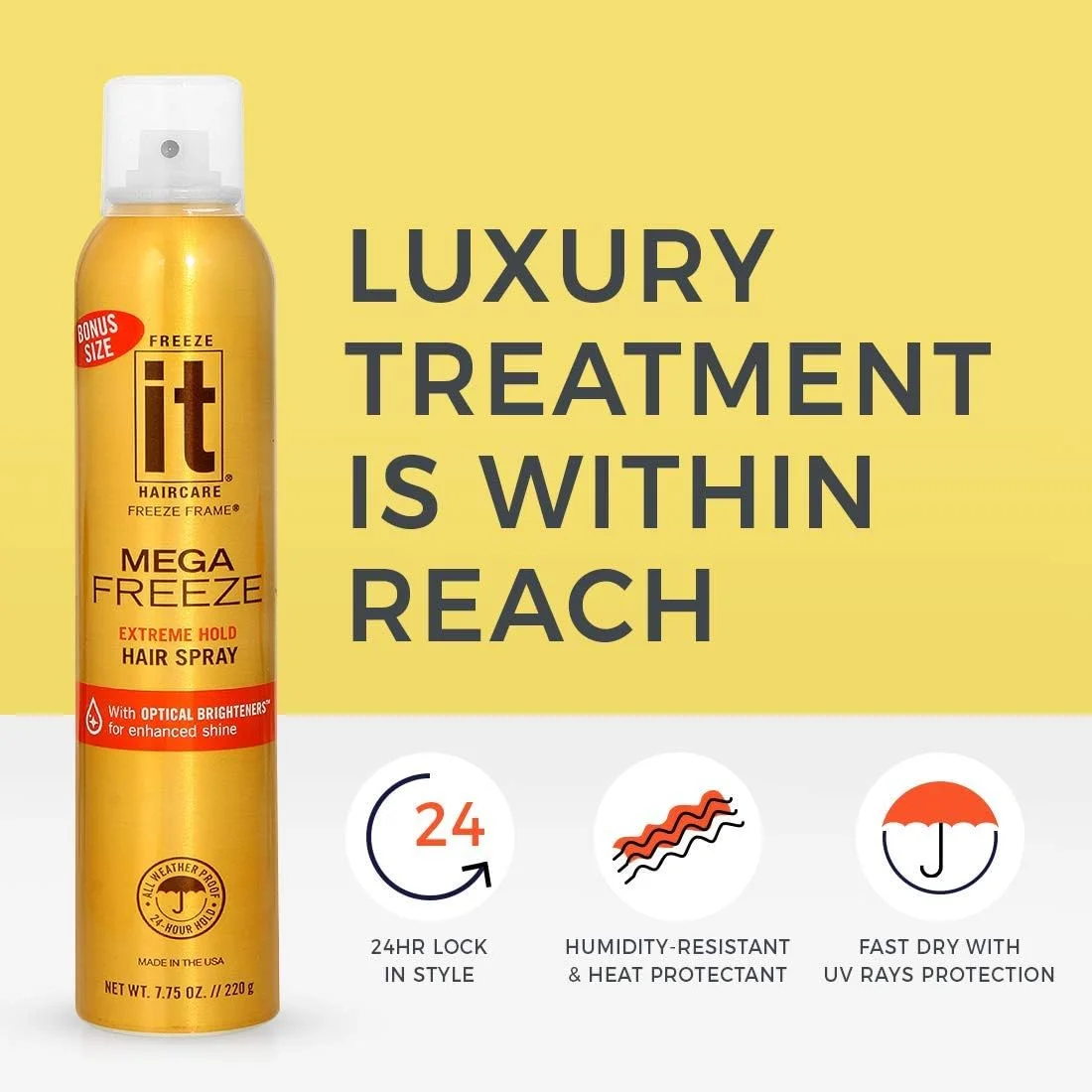 اسپری مو نگهدارنده قوی IT Haircare MEGA Freeze | 230 میلی لیتر | حاوی ویتامین B5 و پروتئین گندم هیدرولیز شده | مقاوم در برابر رطوبت | درخشان کننده مو | ماندگاری 24 ساعته و خشک شدن سریع