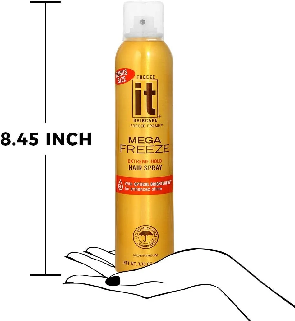 اسپری مو نگهدارنده قوی IT Haircare MEGA Freeze | 230 میلی لیتر | حاوی ویتامین B5 و پروتئین گندم هیدرولیز شده | مقاوم در برابر رطوبت | درخشان کننده مو | ماندگاری 24 ساعته و خشک شدن سریع