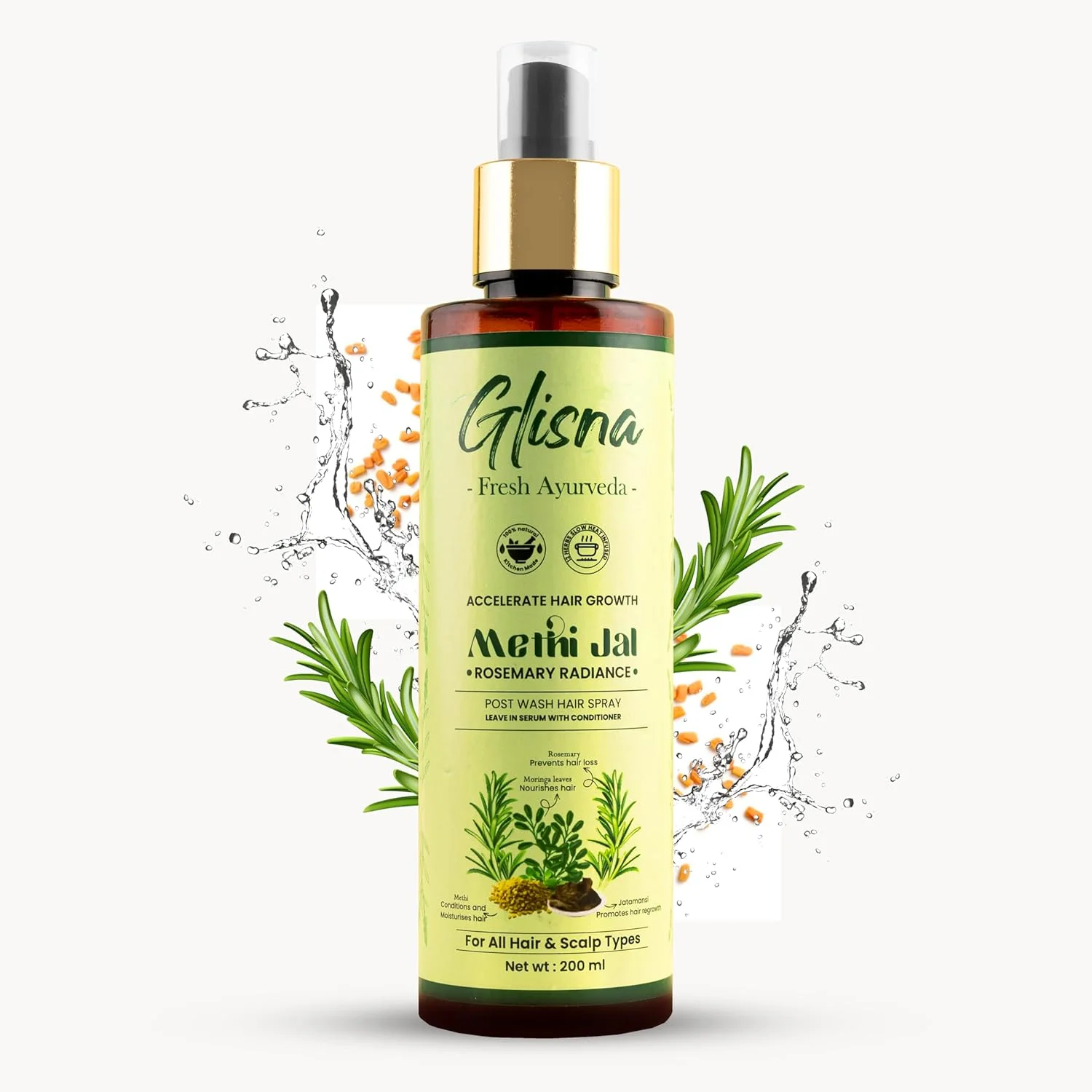 اسپری آب رزماری گلیسنا برای رشد مو، کنترل ریزش مو، نرم کننده، افزایش درخشندگی و تقویت کننده، غنی شده با متی دانا جال (مه) با ریشه جاتامانسی و پودر مورینگا، 200 میلی لیتر