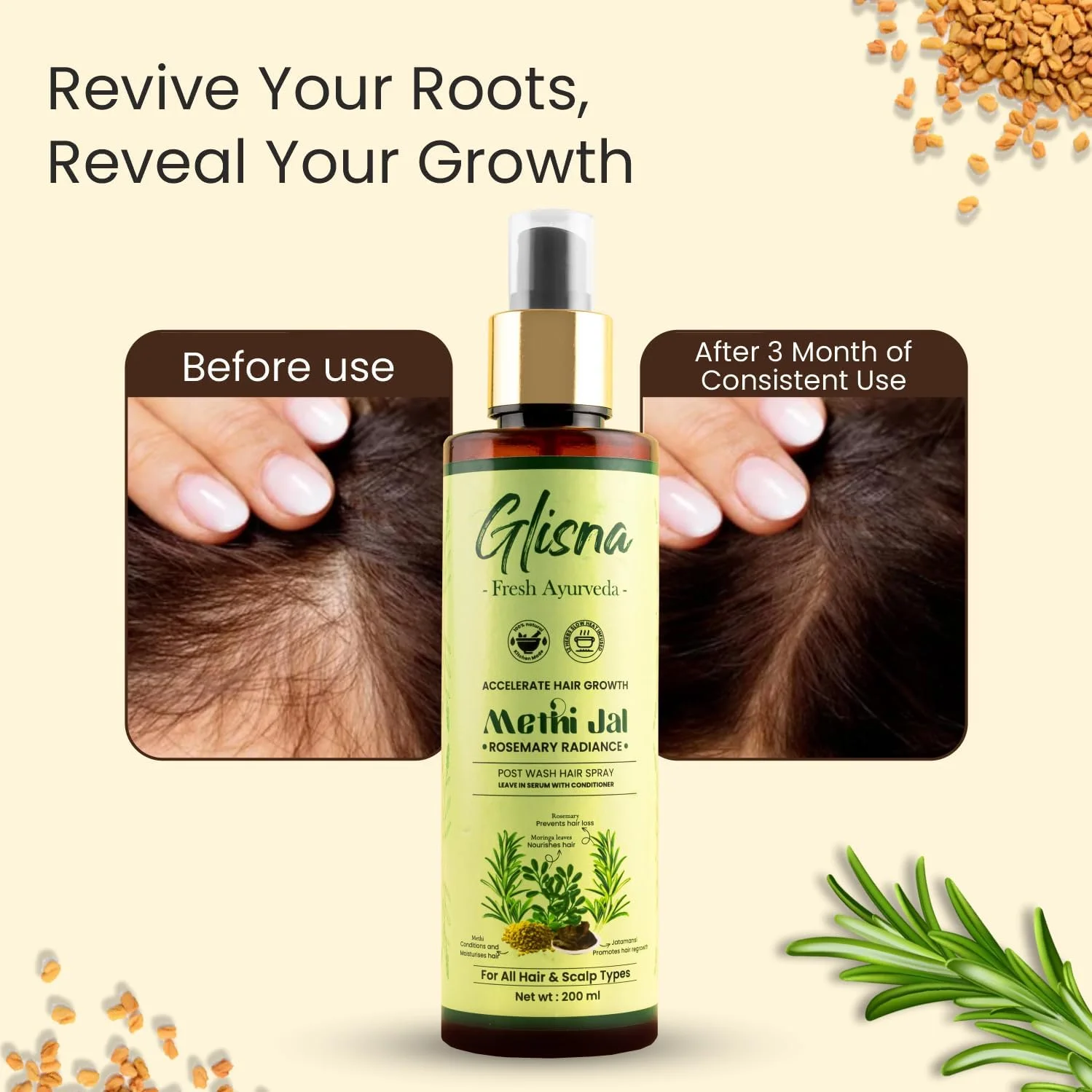 اسپری آب رزماری گلیسنا برای رشد مو، کنترل ریزش مو، نرم کننده، افزایش درخشندگی و تقویت کننده، غنی شده با متی دانا جال (مه) با ریشه جاتامانسی و پودر مورینگا، 200 میلی لیتر