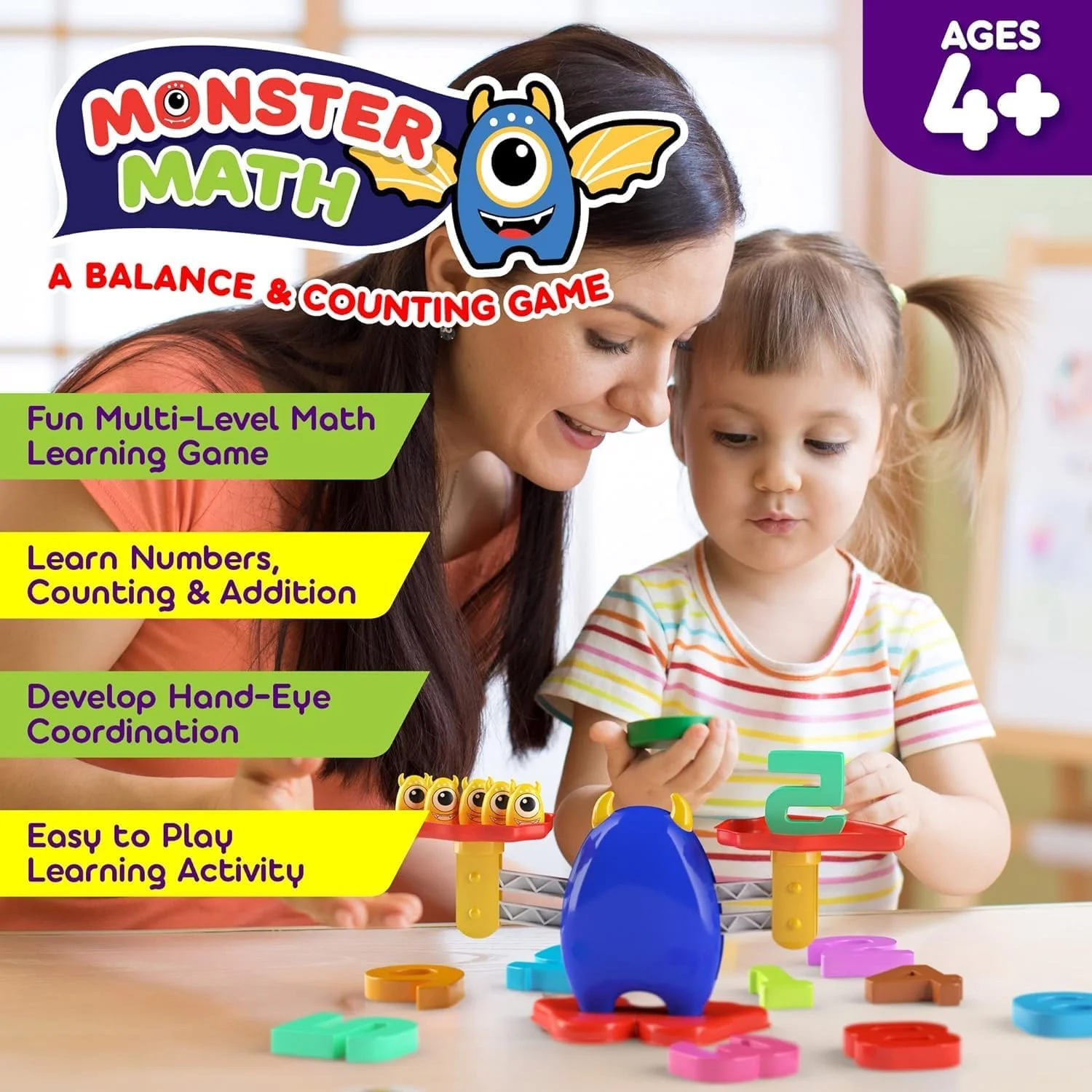 اسباب بازی های آموزشی برای دختران و پسران 3 ساله، بازی تعادلی هیولا با اعداد برای یادگیری شمارش و ریاضی، فعالیت آموزشی جالب STEM برای آموزش در خانه و پیش دبستانی برای کودکان نوپا و بچه های 4 تا 8 سال