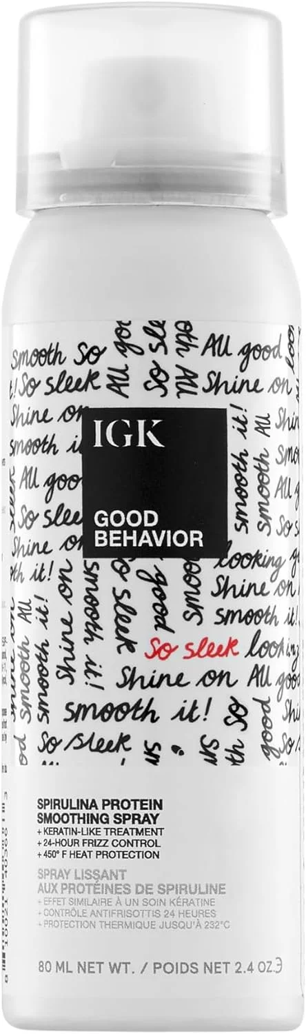 اسپری صاف کننده مو حاوی پروتئین اسپیرولینا IGK GOOD BEHAVIOR سایز مسافرتی | درمان مشابه کراتین + کنترل وز + محافظت در برابر حرارت | وگان + بدون تست حیوانی | 71 میلی لیتر