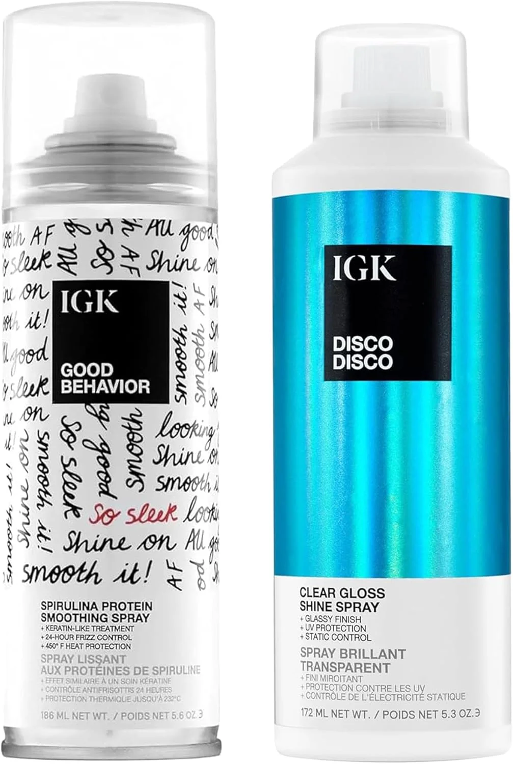 دوتایی موی شیشه ای IGK | اسپری صاف کننده اسپیرولینا Good Behavior + اسپری براق کننده Disco Disco Clear Gloss | درمان مشابه کراتین + پایان براق | 165 + 156 میلی لیتر