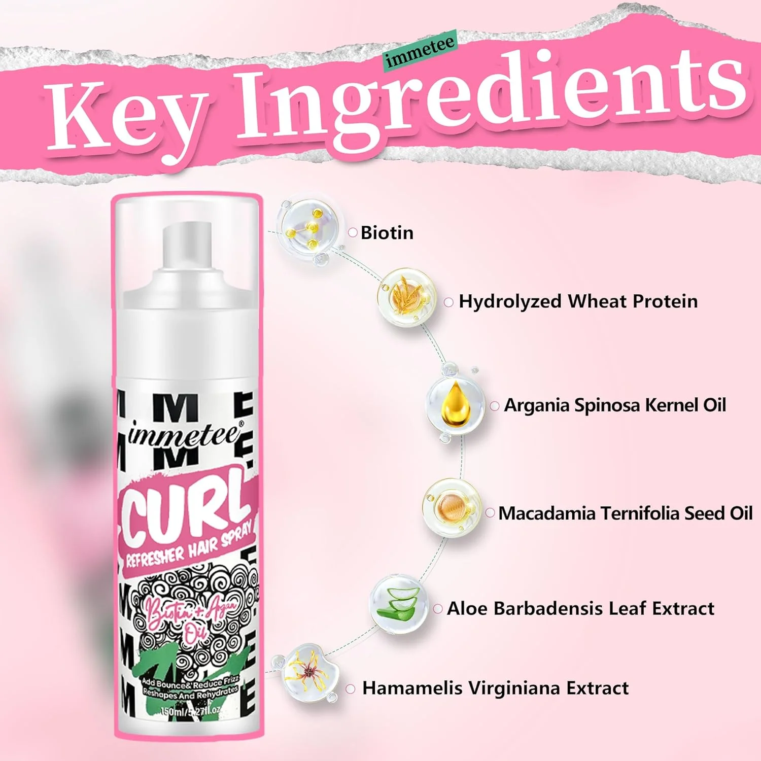 اسپری طراوت بخش موی فر ایمتی، اسپری موی فر بدون نیاز به آبکشی، اسپری موی فر مرطوب کننده، اسپری حالت دهنده موی بلند و حجیم کننده با ماندگاری طولانی 150 میلی لیتر