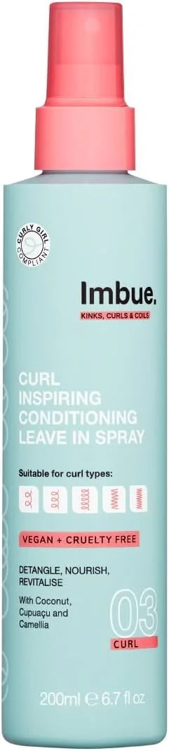 اسپری نرم کننده موی فر Imbue، درمان موهای فر، کنترل وز مو | نرم کننده مو برای موهای خشک و آسیب دیده | مناسب موهای فر، وگان، 200 میلی لیتر، روغن نارگیل