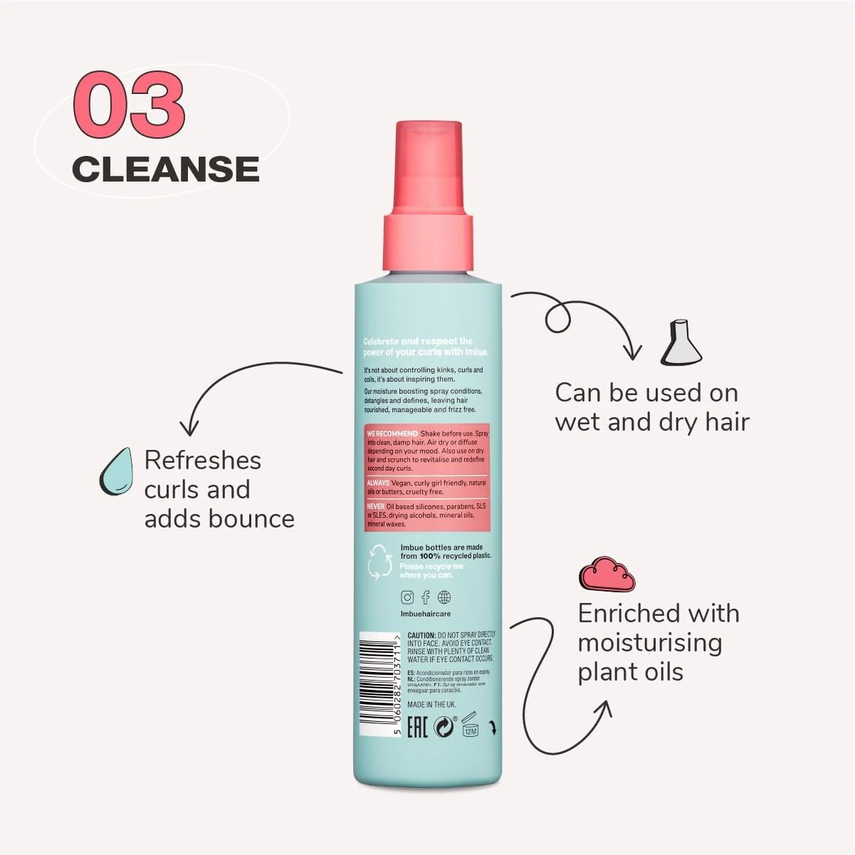 اسپری نرم کننده موی فر Imbue، درمان موهای فر، کنترل وز مو | نرم کننده مو برای موهای خشک و آسیب دیده | مناسب موهای فر، وگان، 200 میلی لیتر، روغن نارگیل