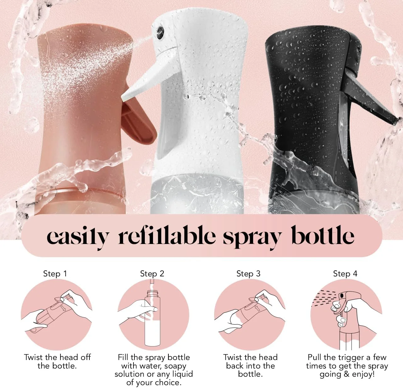 بطری اسپری کیچ برای مو - آبپاش پیوسته با مه بسیار ظریف برای حالت دادن به مو، آرایشگاه ها، سالن ها، نظافت، گیاهان، بطری های اسپری چند منظوره - ساخته شده از پلاستیک بازیافتی - مشکی، 150 میلی لیتر