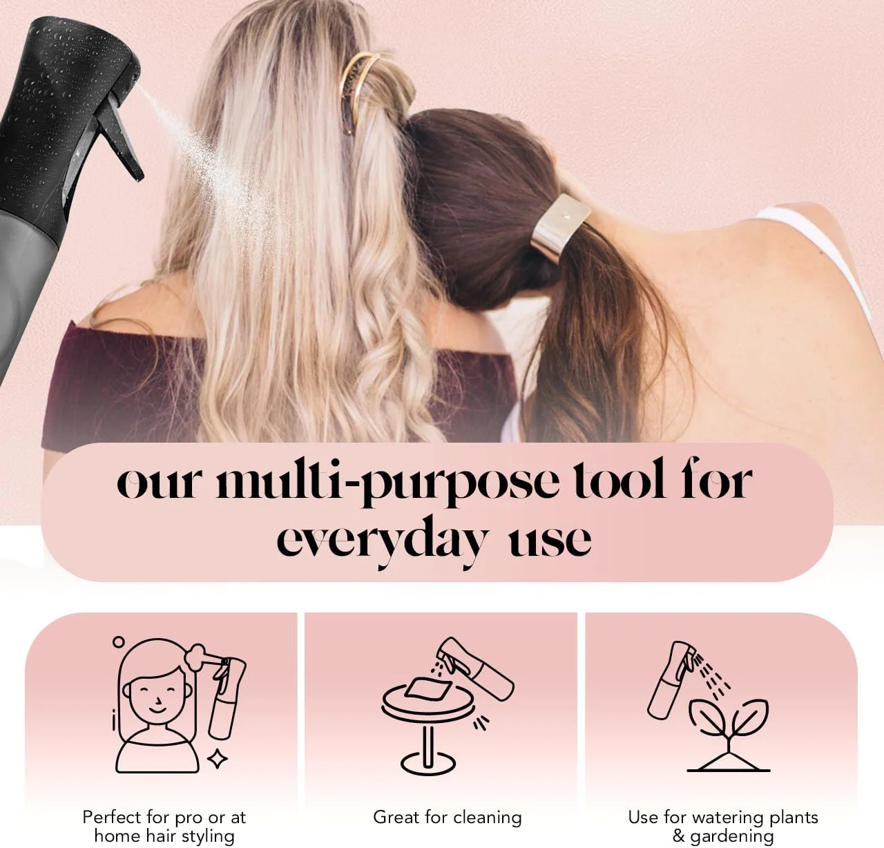 بطری اسپری کیچ برای مو - آبپاش پیوسته با مه بسیار ظریف برای حالت دادن به مو، آرایشگاه ها، سالن ها، نظافت، گیاهان، بطری های اسپری چند منظوره - ساخته شده از پلاستیک بازیافتی - مشکی، 150 میلی لیتر