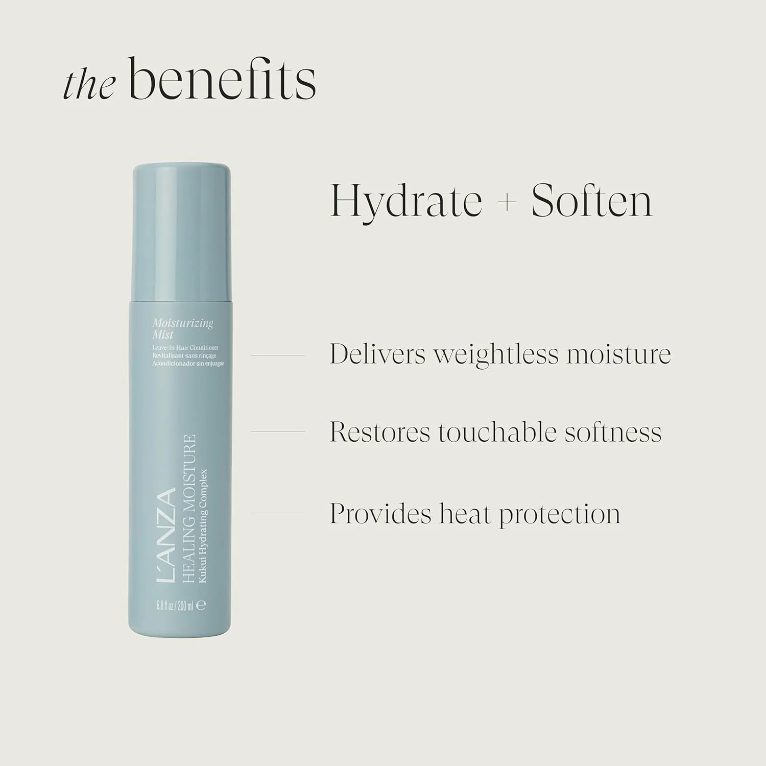 اسپری مرطوب کننده مو لَآنزا Healing Moisture Moi Moi، اسپری روغن حاوی ویتامین E، مرطوب کننده و طراوت بخش موهای خشک و زبر، باز کننده گره مو، احیا کننده خاصیت ارتجاعی و ترمیم کننده موهای آسیب دیده (200 میلی لیتر)